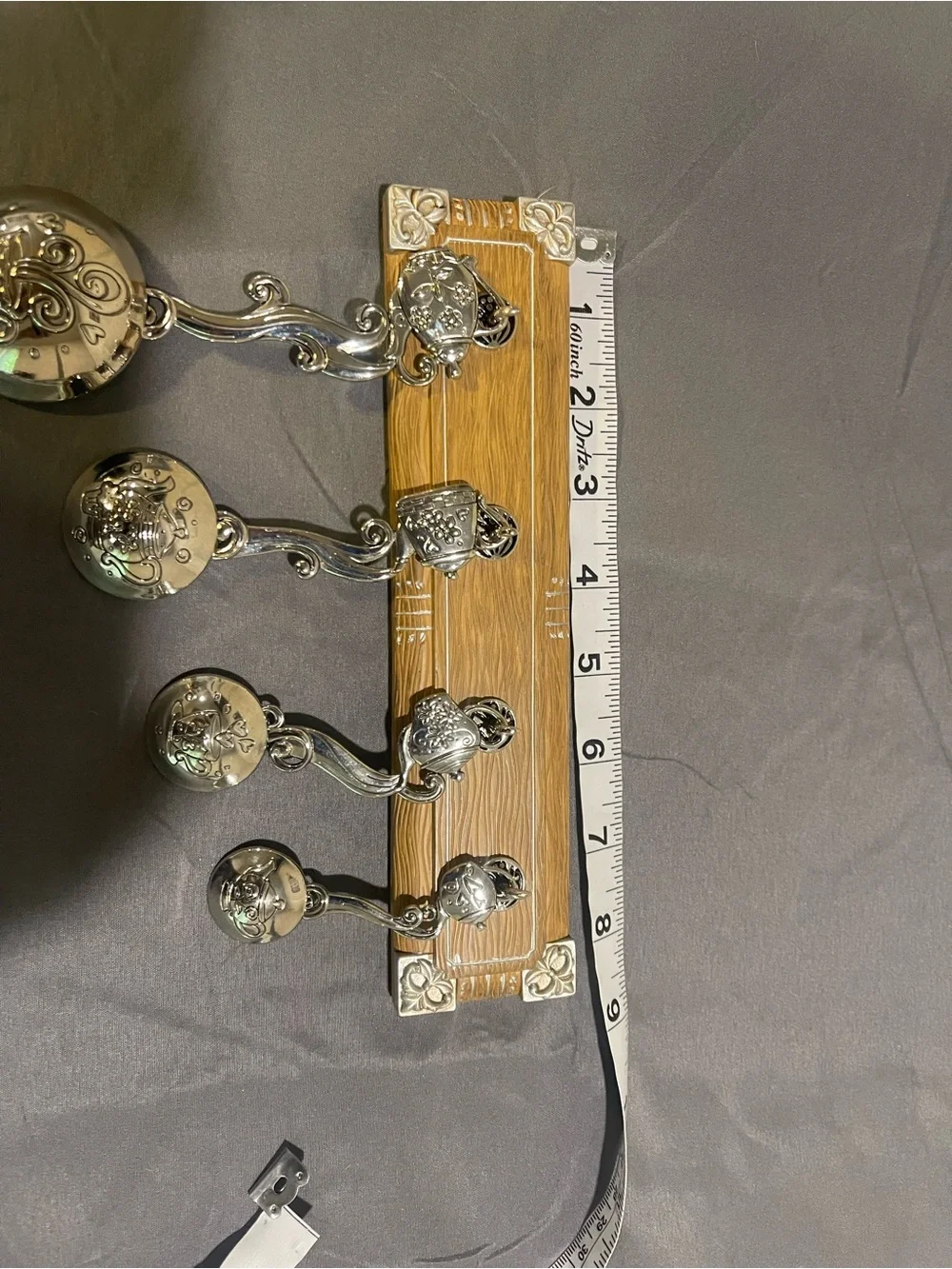 Silver Ornate Wall Hook Rack on Wood Backing - Decorative Home Hooks